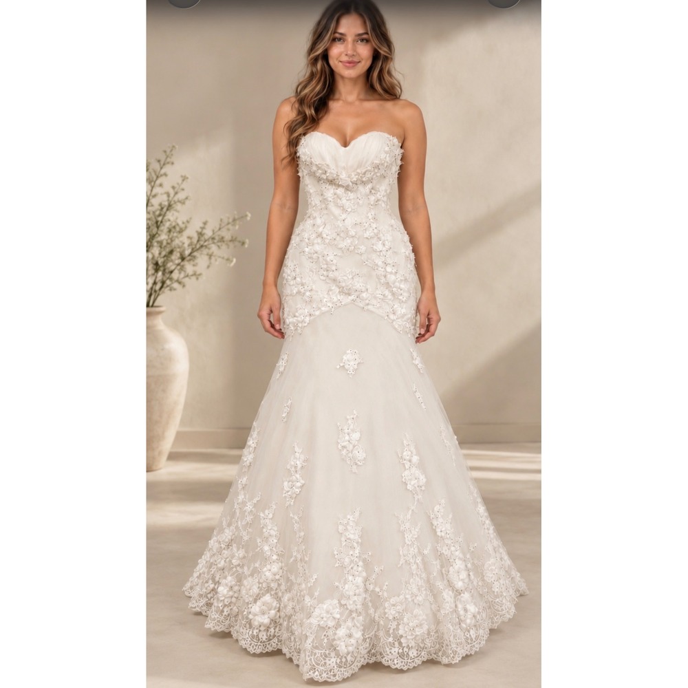 Wtoo Brides by Watters Ivory Lace 3D Floral Mermaid Wedding Dress Train Sz 0